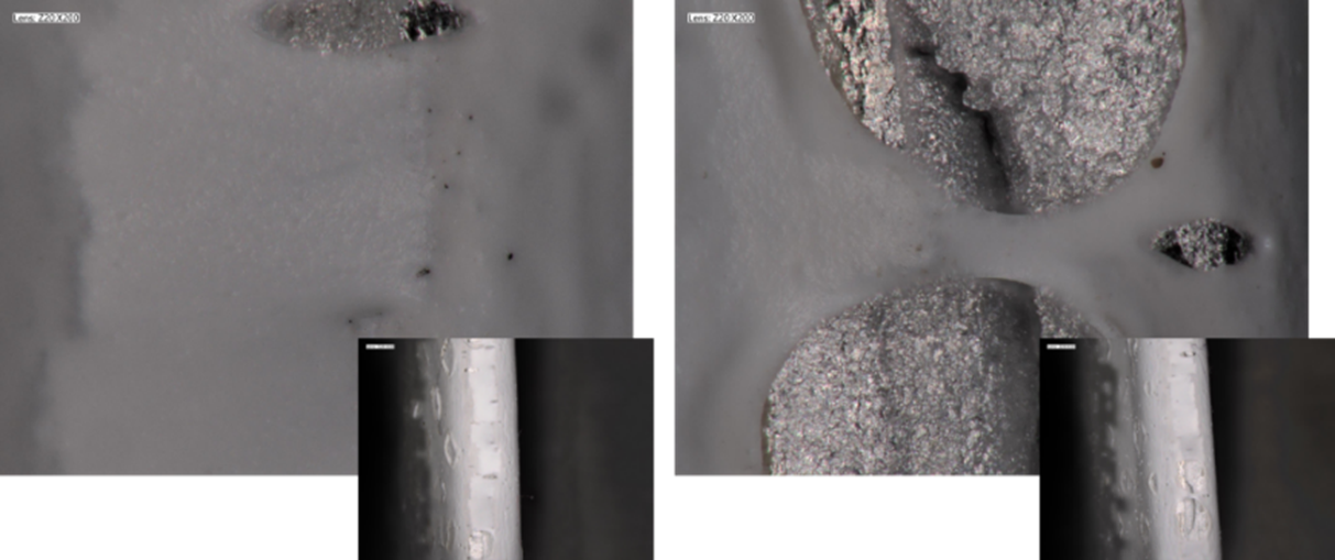 Figuur 7 microscopische beelden van de niet-verouderde en verouderde monsters van Coating D laten zien dat de coating scheurt bij T0.