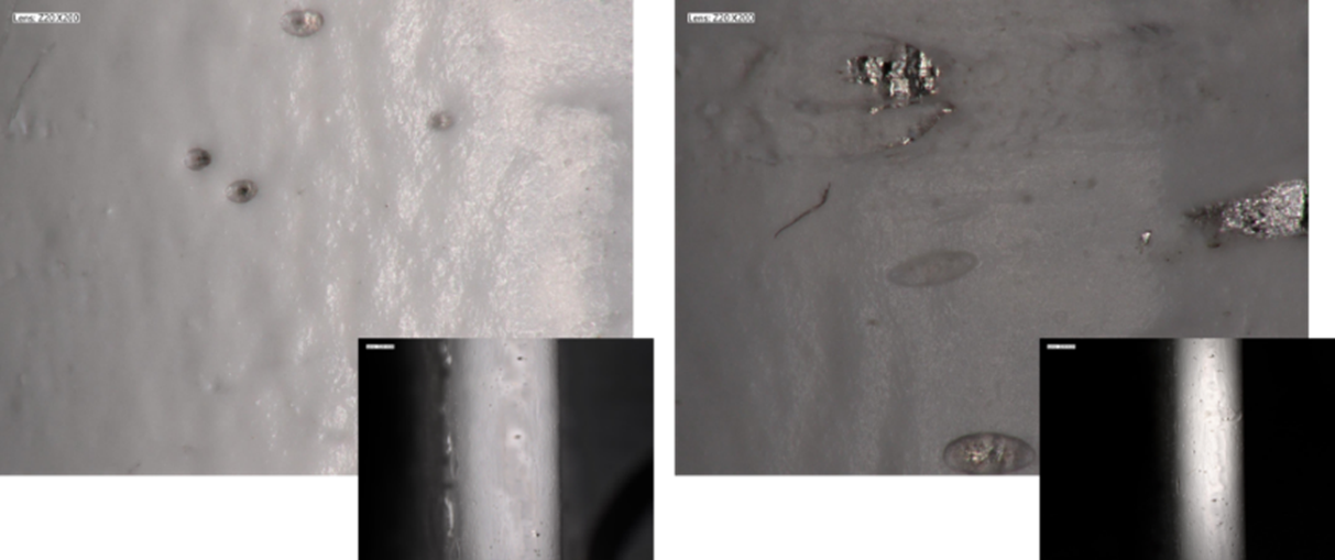 Figuur 8 microscopische beelden van de niet-verouderde en verouderde monsters van Coating D laten zien dat de coating intact blijft bij T1.