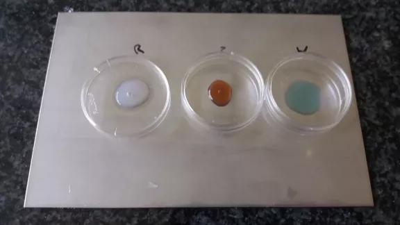 Three chemicals in covered glass dishes are spot-tested on a metal panel to assess coating resistance