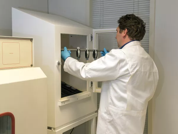 A lab technician mounts test samples on the rack inside a condensation test cabinet