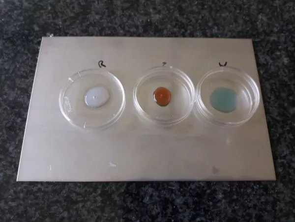 Three chemicals in covered glass dishes are spot-tested on a metal panel to assess coating resistance