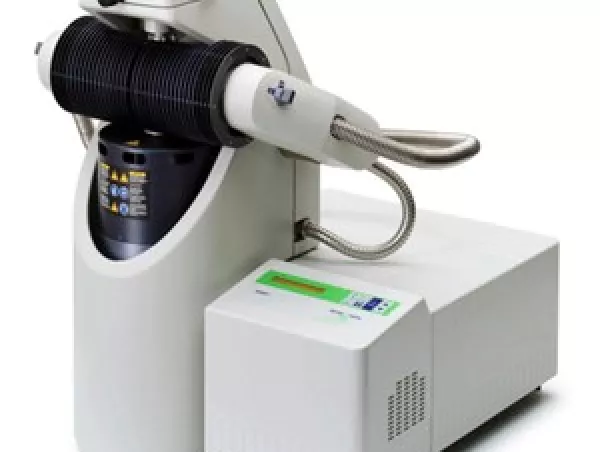 A dynamic mechanical analyzer with a temperature-controlled furnace and clamped sample fixture