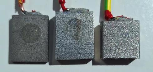 Corrosion on 3D-printed materials with different surface finishes after electrochemical testing.