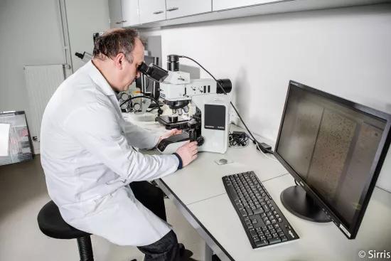 A material expert examines a metal sample's microstructure through an Olympus BX53M microscope, with the micrograph displayed on screen